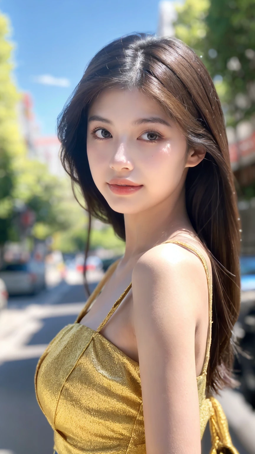 ((Best quality, 8k, masterpiece:1.3))，1girl，18 years old，Asian，Real texture:1.3，(Background blur:1.1)，Dress Up，Tall and slender figure:1.2，(Hot summer weather)，（street:1.3），Highly detailed face and skin textures，Exquisite eyes，Long eyelashes，Double eyelids，Skin Whitening，happy，Various postures，Beautiful breasts
