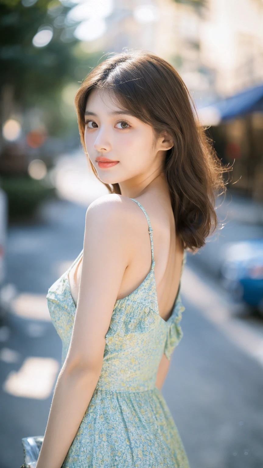 ((Best quality, 8k, masterpiece:1.3)),1girl,18 years old,Asian,Real texture:1.3,(Background blur:1.1),Dress Up,Tall and slender figure:1.2,(Hot summer weather),(street:1.3),Highly detailed face and skin textures,Exquisite eyes,Long eyelashes,Double eyelids,Skin Whitening,happy,Various postures,Beautiful breasts