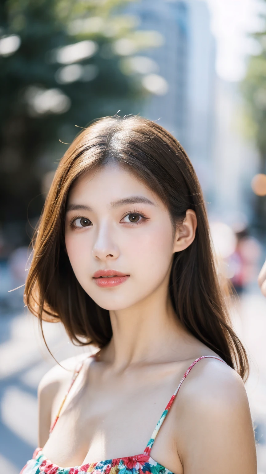 ((Best quality, 8k, masterpiece:1.3)),1girl,18 years old,Asian,Real texture:1.3,(Background blur:1.1),Dress Up,Tall and slender figure:1.2,(Hot summer weather),(street:1.3),Highly detailed face and skin textures,Exquisite eyes,Long eyelashes,Double eyelids,Skin Whitening,happy,Various postures,Beautiful breasts
