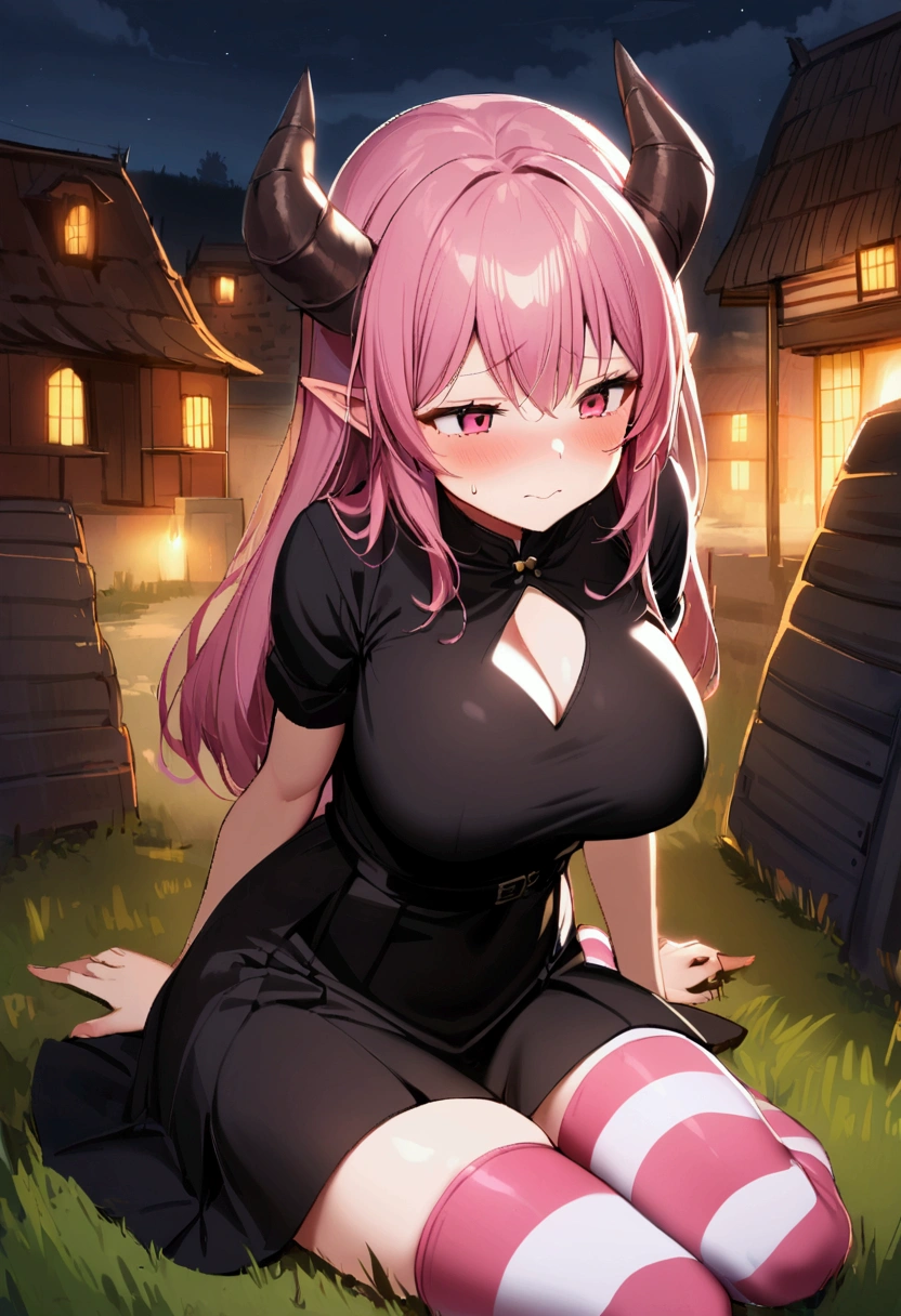 1girl with long pink hair, violet red eyes, two small horns on head, short black dress, big breasts, striped stockings, shy face, village on background, sit on grass, fear, night time