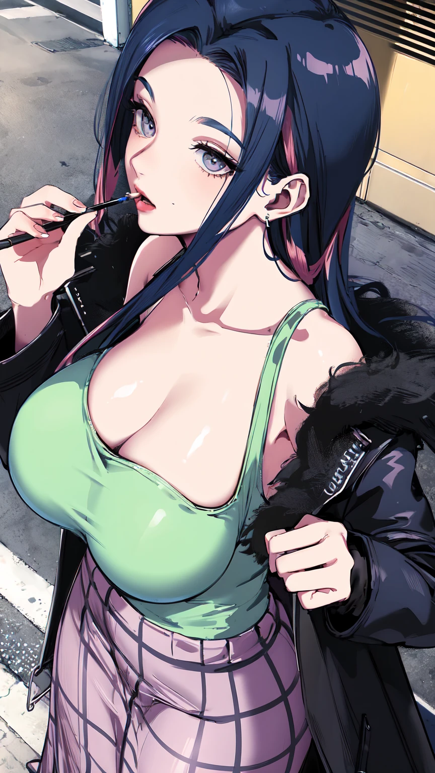 Saggy breasts,Mature Woman,Huge breasts, Huge breasts,alone,Improve,((teasing)),eye shadow,lip,Glossy eyelashes,Blue Hair,Black Hair, ((Two-tone hair)),Earrings, Detailed decoration, oh,Half an eye,Embroidered, Plaid, Pencil Long Skirt, Fur jacket, Tank top,ribbon, Off the shoulder, ((expose forehead)), Long Hair, Curly Hair,From an angle, From the side,Dynamic Angle, throw,((From above)) ,(Hand Focus),(((pastel colour))), Wide-angle,date, Walking around the city, bag,