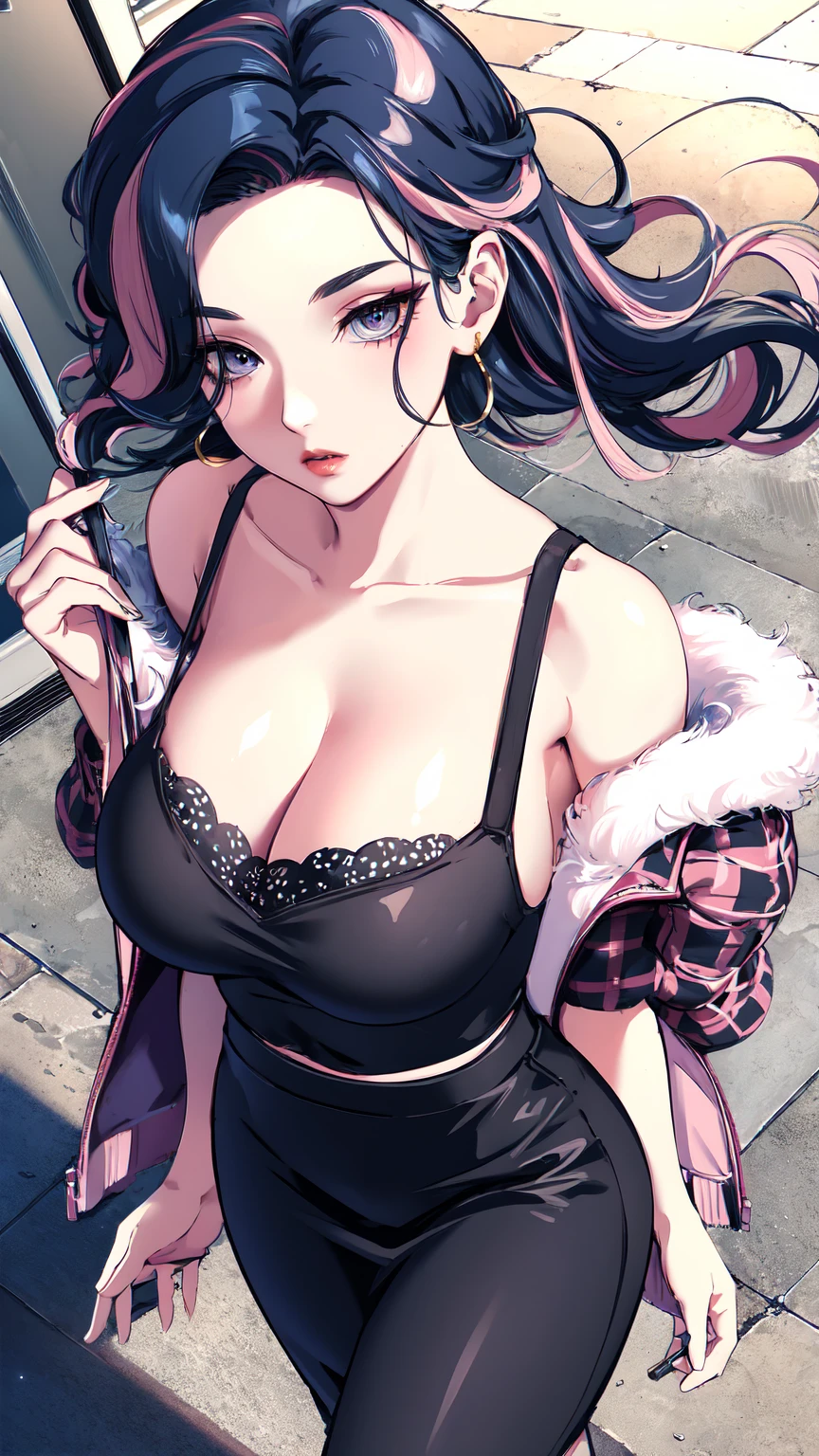 Saggy breasts,Mature Woman,Huge breasts, Huge breasts,alone,Improve,((teasing)),eye shadow,lip,Glossy eyelashes,Blue Hair,Black Hair, ((Two-tone hair)),Earrings, Detailed decoration, oh,Half an eye,Embroidered, Plaid, Pencil Long Skirt, Fur jacket, Tank top,ribbon, Off the shoulder, ((expose forehead)), Long Hair, Curly Hair,From an angle, From the side,Dynamic Angle, throw,((From above)) ,(Hand Focus),(((pastel colour))), Wide-angle,date, Walking around the city, bag,