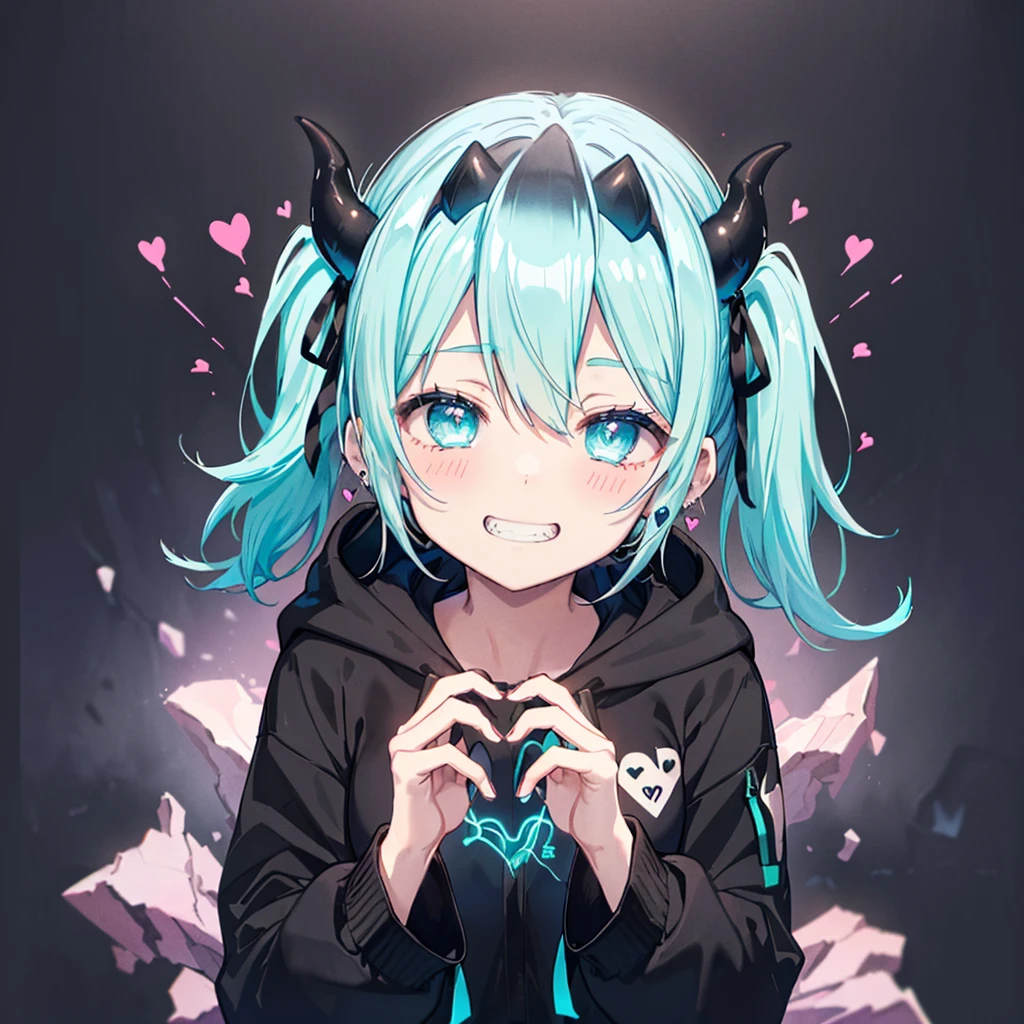 ((((jagged、Open your mouth、Grin　background、shining heart　Making a Heart　front))))　(((Black hoodie、Wearing a hood　Devil horns　Twin tails、Neon Blue　Neon Blueの目)))　((Shiny Earrings　Small black ribbon))　Shining Edges　輝くbackground