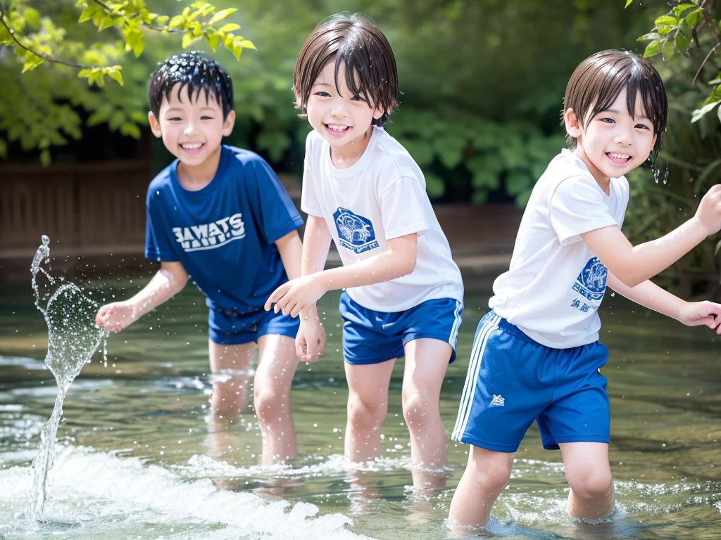 In the forest、 in the countryside、Swimming in the river、Bathing in water、水でGet wet all over、Cute eletary boy、Boy in gym clothes、The bottom of the white T-shirt is blue、Blue shorts、The boys are playing、Get wet all over、The laughter of boys can be heard from afar、Splashing Water、Japanese、(Boy 1.4)、high resolution、Highest quality