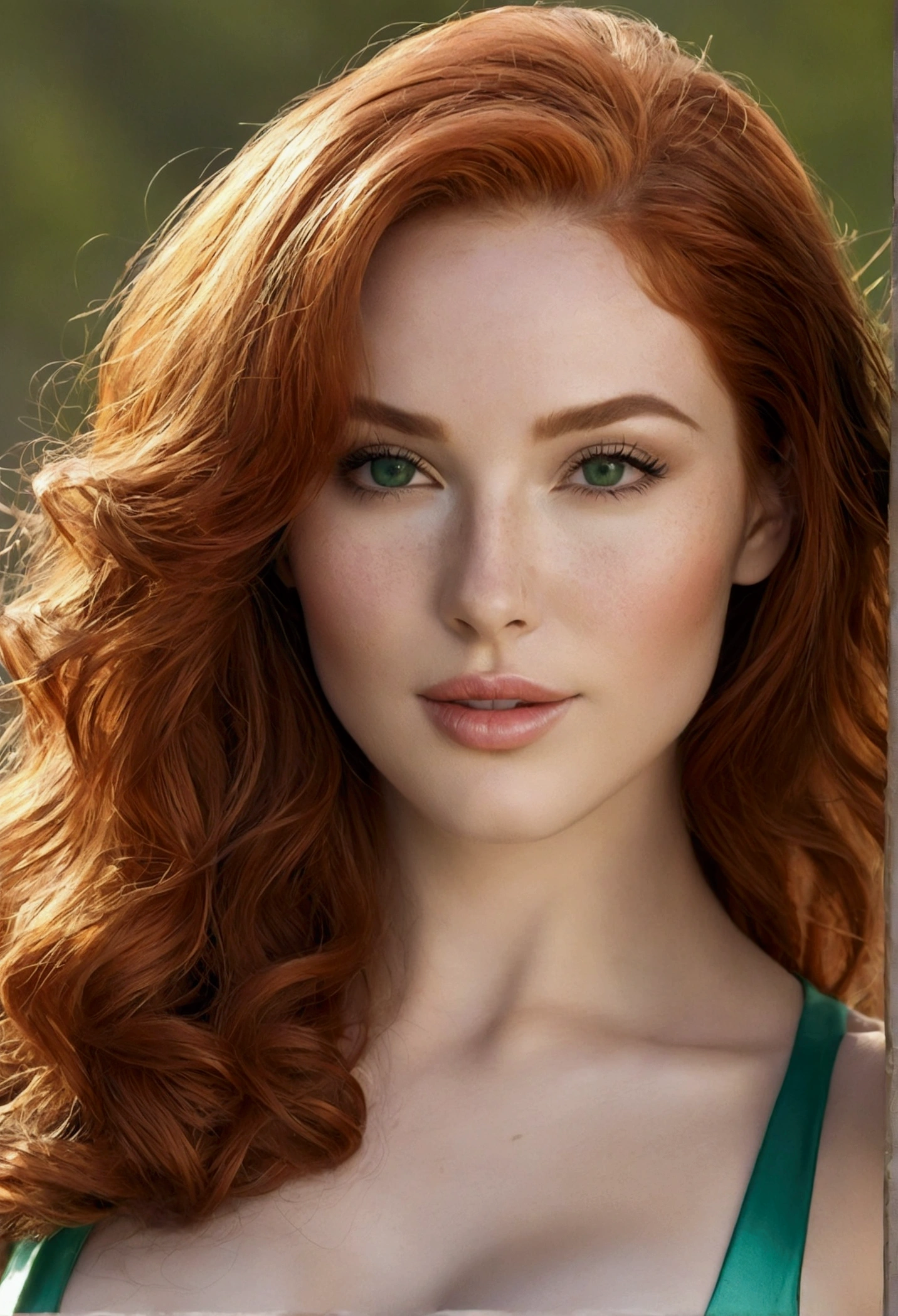 Imagine a woman, which attracts everyone's attention at first sight. Your red, fire-colored hair falls in shiny waves over her shoulders and shines in the sunlight. Her face is covered with delicate freckles, which give her a charming and lively expression.
Her eyes are bright green, like two emerald green gemstones, that provide deep insight into their soul. Her full lips are gently curved and invite you to smile, that is contagious.
Her body is a perfect curve of femininity. Her well-formed, voluminous breasts emphasize her figure and give her a sensual charisma. Her flat stomach and narrow waist form a perfect contrast to her round, firm butt, who looks stunning in any outfit.
Her legs are long and shapely, with muscular thighs and slim calves, which make you look elegant and graceful. Your skin is soft and flawless, with a touch of pink, which underlines their naturalness.