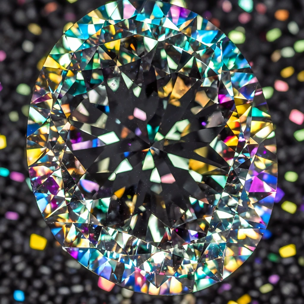 Multicolored sparkling diamonds reflect light piled up on a black background.