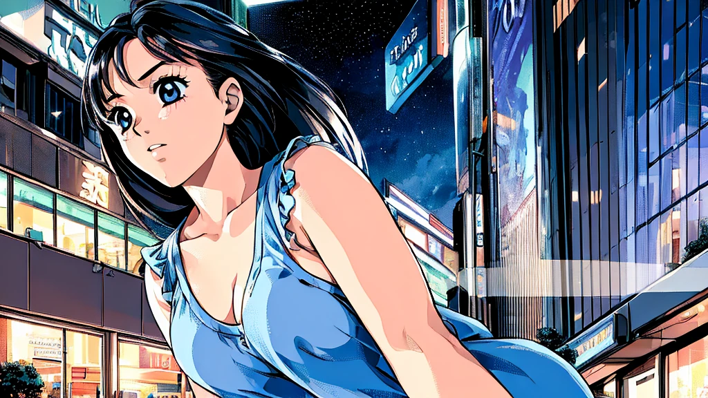 ((masterpiece)),(((Highest quality))),((Super detailed)) Realistically, 1 Girl, beautiful, Wearing headphones, one person　 Watching the night view, city, Starry Sky, building, night.　Long Black Hair　The wind is blowing　18-year-old　Cleavage