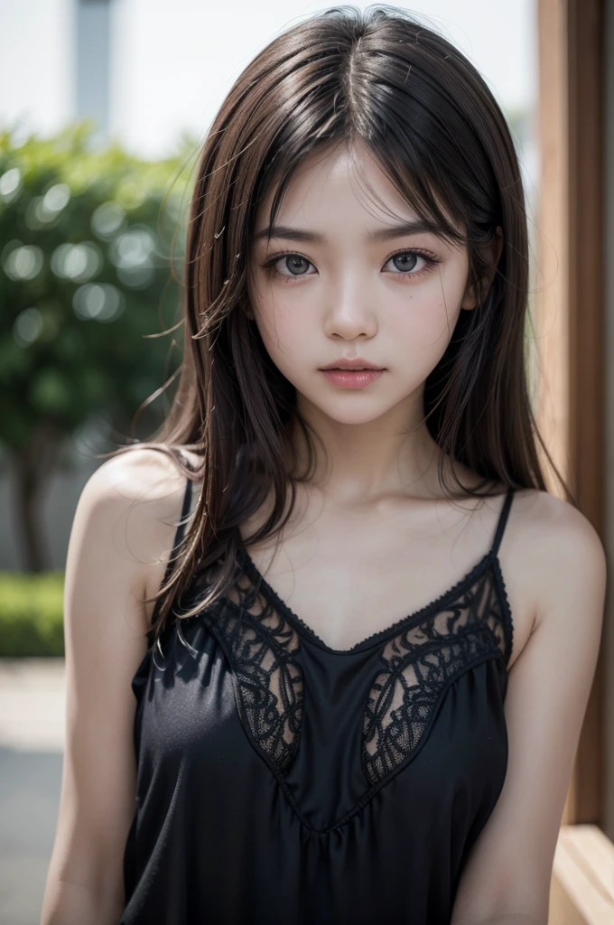 realisitic, detailded, realisitic details, intricate-detail, break,, 1 girl, standing alone, Eurasia, Brunetette, extremely pretty, cute, detailded face, detailded skin complexion, gorgeous eyes, parted lips, seducer, medium hair, , break,, simple background,, break,, portraite, F1.4/35mm, perspective, Depth of field, Proportion, facefocus, nblurry background, bokeh, sharp focus, depth and dimension, Proportion, third party rule, break,,