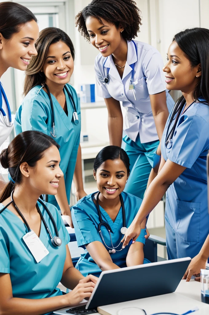 A nurse collaborating with other health care workers at the hospital drawing 