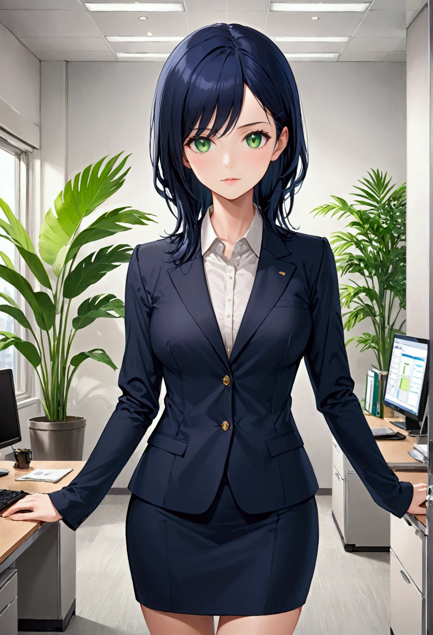 Girl with dark blue hair, green eyes,tall rectangular body figure, mature,office lady