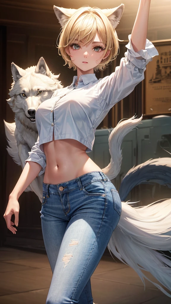 (masterpiece, highest quality, ultra high res, ultra detailed:1.3), 1 cute girl, ideal ratio body proportions, blonde short hair, white shirt, brown jacket, blue denim pants, (dancing with wolves:1.2), (dancing wolves:1.4), wilderness,
