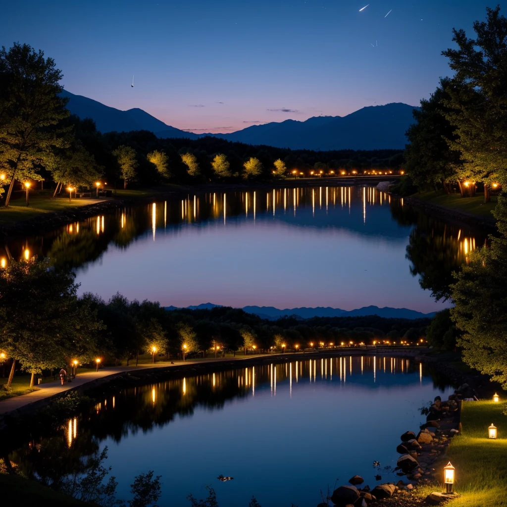 summer night、Along the river in a small rural village surrounded by mountains、A scene of people enjoying firefly hunting。Lanterns are hung at equal intervals on both sides of the river.、It emits a soft orange light。Lanterns and fireflies on the tree々or lengthening the shadows of people、The reflection on the river surface。Stars twinkle in the deep purple and blue gradient sky.、The overall atmosphere is calm and warm.