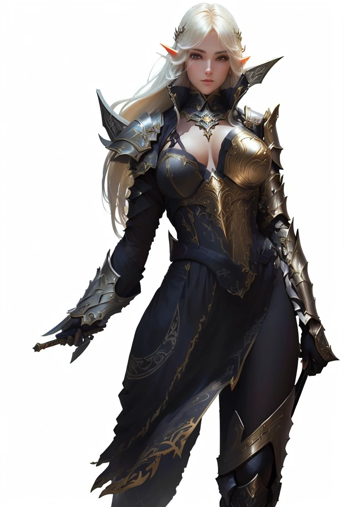 a close up of a woman in a costume holding a sword, female character, clothed in ethereal armor, intricate armor details, elegant armor, light coming off of the armor, the style of wlop, clothed in ethereal battle armor, detailed armor, wlop art, 8 k character details, intricate wlop, pale black armor, some curved armor, fantasy female paladin, beautiful elf countess, human ::epic exquisite character art, pretty face, nice face, sexy, sun high elf, sexy , blond hair, 