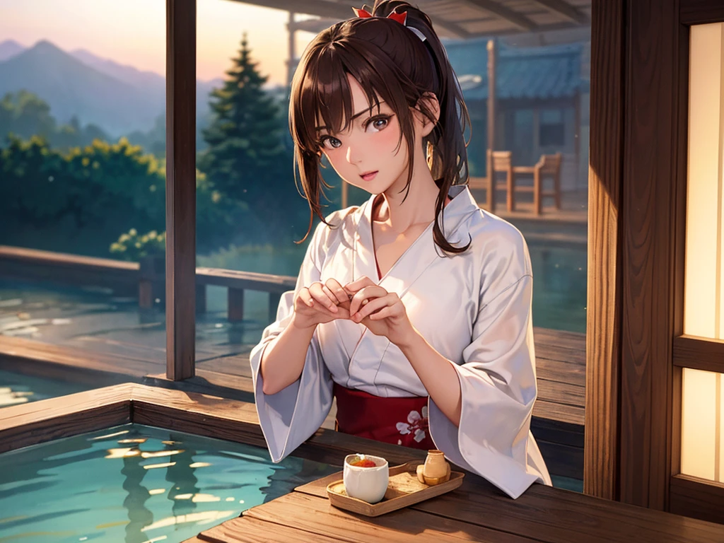 (masterpiece、Highest quality:1.2),Frame In、 Cowboy Shot, alone, One Girl, View your viewers, (Highest quality, 8k, Oil, Tabletop:1.2), Very detailed, (Realistic, Realistic:1.37), Vibrant colors, Wearing a white and red yukata、Side Ponytail、Brown Hair、Angry、Hot Spring Town、Tangyan、At dusk、