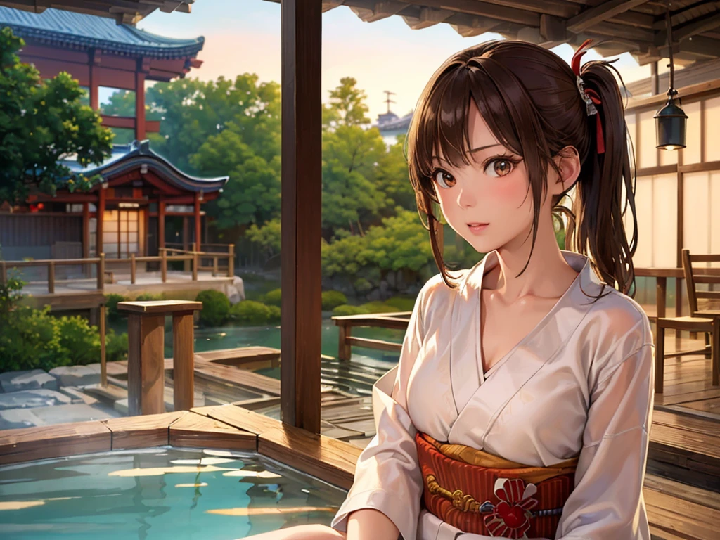 (masterpiece、Highest quality:1.2),Frame In、 Cowboy Shot, alone, One Girl, View your viewers, (Highest quality, 8k, Oil, Tabletop:1.2), Very detailed, (Realistic, Realistic:1.37), Vibrant colors, Wearing a white and red yukata、Side Ponytail、Brown Hair、Angry、Hot Spring Town、Tangyan、At dusk、