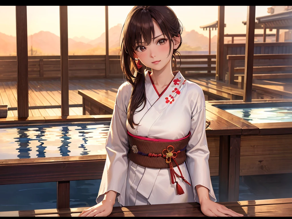 (masterpiece、Highest quality:1.2),Frame In、 Cowboy Shot, alone, One Girl, View your viewers, (Highest quality, 8k, Oil, Tabletop:1.2), Very detailed, (Realistic, Realistic:1.37), Vibrant colors, Wearing a white and red yukata、Side Ponytail、Brown Hair、Angry、Hot Spring Town、Tangyan、At dusk、