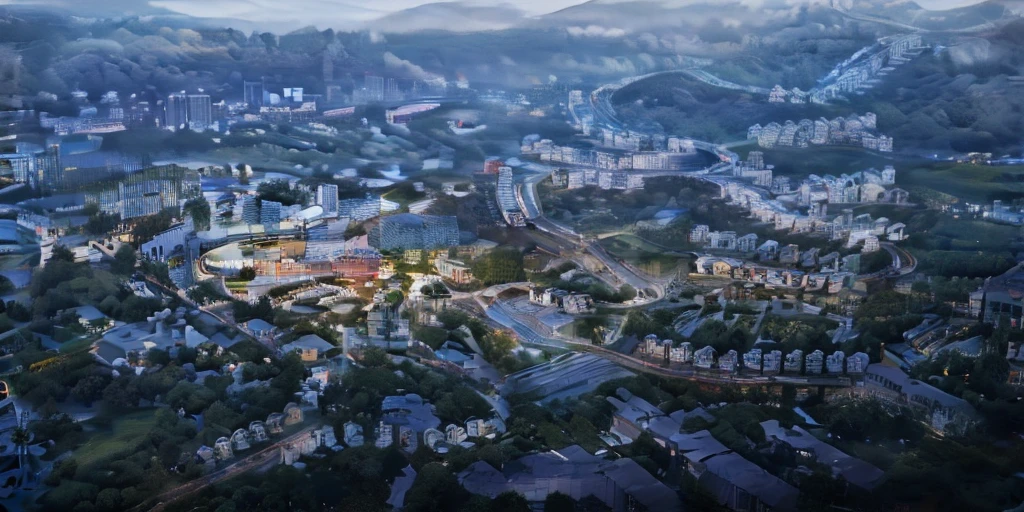 planning project, aerial view, mountain resort, realistic rendering