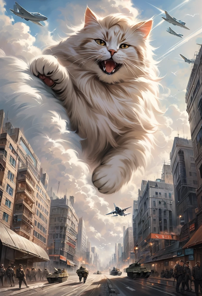 Photography,realistic,portrait,cute giant fluffy cat obliterating large city,tanks,jets,army,highrise,kicking through a building,