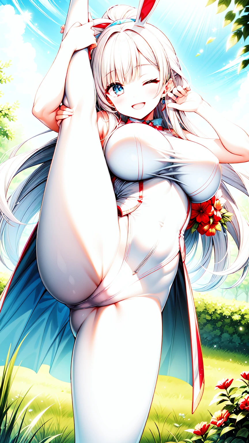 beautiful, masterpiece, best quality, extremely detailed face, perfect lighting, masterpiece, best quality, 1girl, blush, blue eyes, white hair, long hair, ponytail, bunnysuit, stocking, ;),smile, one eyes closed, large breasts, standing, leg up, spread legs, garden, looking at viewer