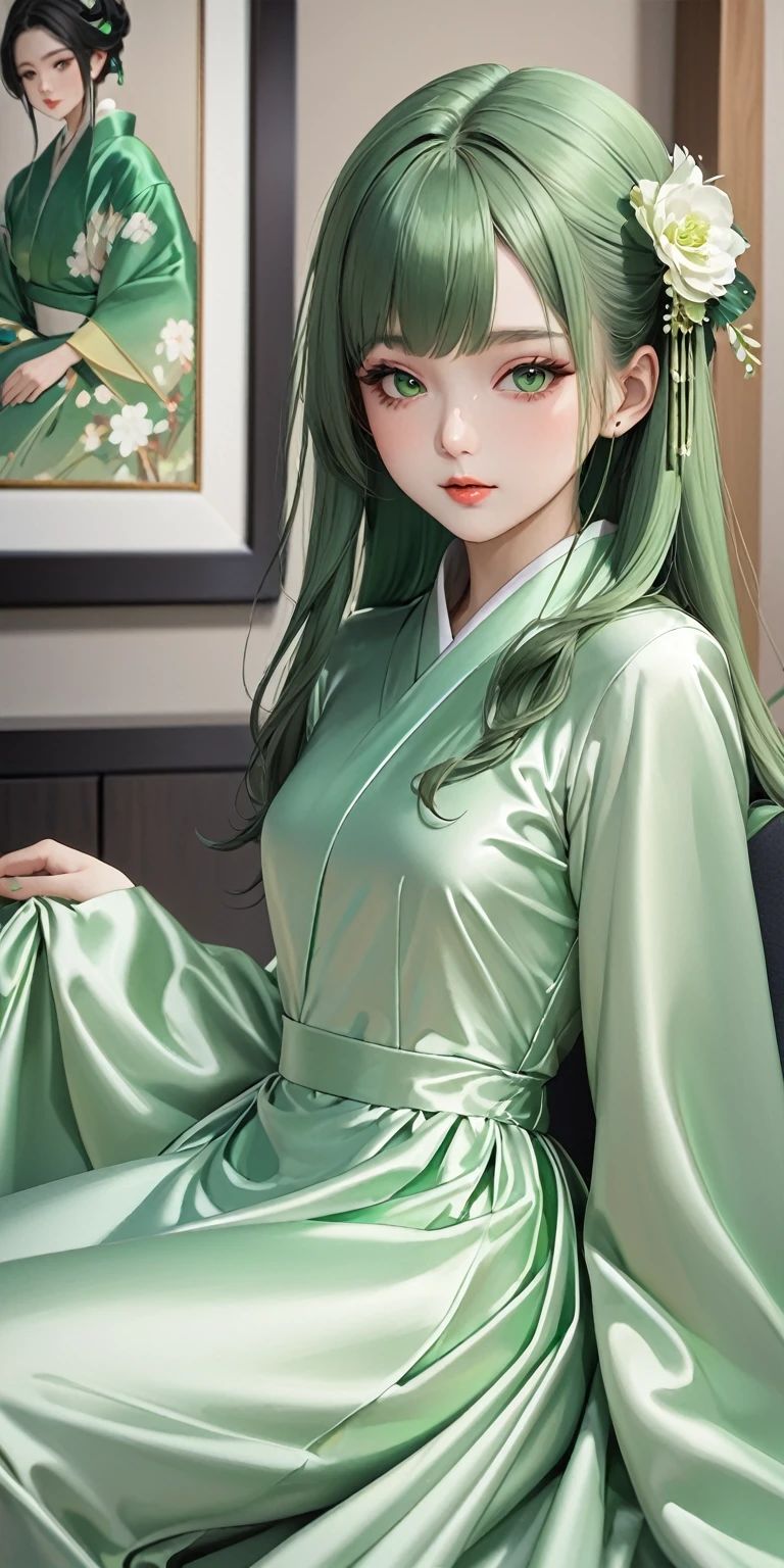 Portraiture、(masterpiece,Highest quality,Ultra-high resolution),Japanese women, (((Very beautiful 25 year old girl))),She is wearing a long-sleeved dress made of shiny pale green satin.、The dress has a simple design without any patterns.