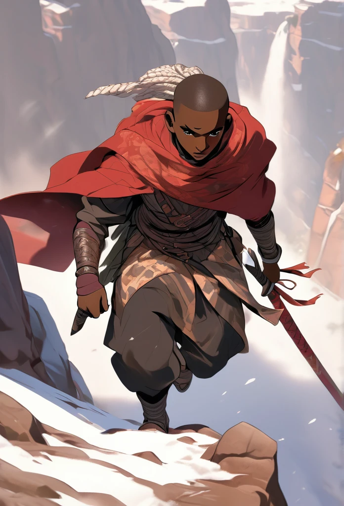 Ultra Realistic, Highly Defined Details, Snowy Mountains Cliff, Shadowy Distant Back Drop, Mellow Color Shading Capturing the Mode, Young Adult African Male Villager, Bent Over, Climbing With Hands, Snowy Mountain Peaks, Windy Snow, On Hands and Knees Climbing Ultra Realistic, Highly Defined Details, Climbing a Cliff Distant View, Mellow Color Shading Capturing the Mode, Young Adult African Male Villager, View Of the Valley Below, Bone chest plate armor, Lightly armored belt buckle dagger in a sheath, Bone carved Hilt, Long Curved Sword, wrapped in crimson cloth Worn On the Back, Dark Torn Crimson Cloak, Climbing In The Windy Sean, Leaves Blowing