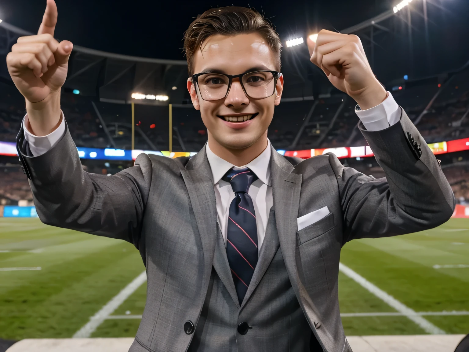 a young man in a suit without a tie in glasses excited cheering on a huge stadium during football match at Euro 2024, making selfies, a lot of cheering people on a background