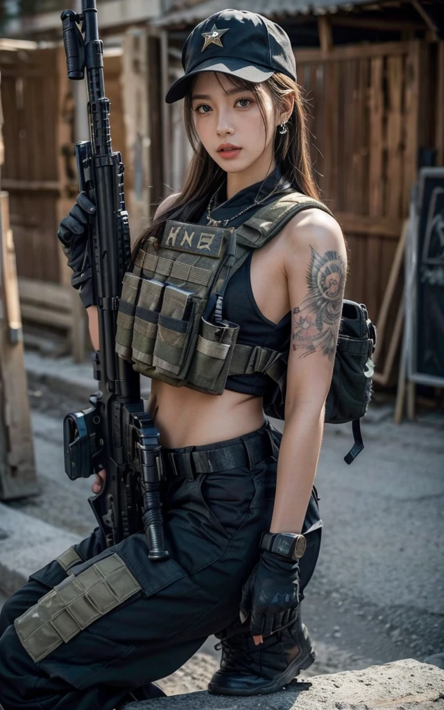 (photography:1.3, 16K, best quality, masterpiece, existltra-high reSolution), Perfect dynamic composition:1.2, Highly detailed skin and facial texture:1.2, covered in wounds:1.2, (End of the World:0.7, In stark contrast to the desolate background:0.7, Adding destructive elements:0.7, There are debris and impurities scattered around:0.7), (Dynamic action poses:1.0, 专业photography工作:1.0, Aim with a gun:1.0), exist.S. Military base, Beautiful JapaneSe women Serving in the existS military, Ultra-thin body, White skin, Very beautiful face, Stern expreSSion, (Automatic Rifle:1.0, Bulletproof vest:1.0, torn military uniform:1.0, Backpack:1.0, boots:1.0), Shapely breaStS, Chest space, Big eyes that exude beauty, Lips that radiate beauty, Cowboy Shot, necklace, earrings, bracelet, Tattoo, Military cap