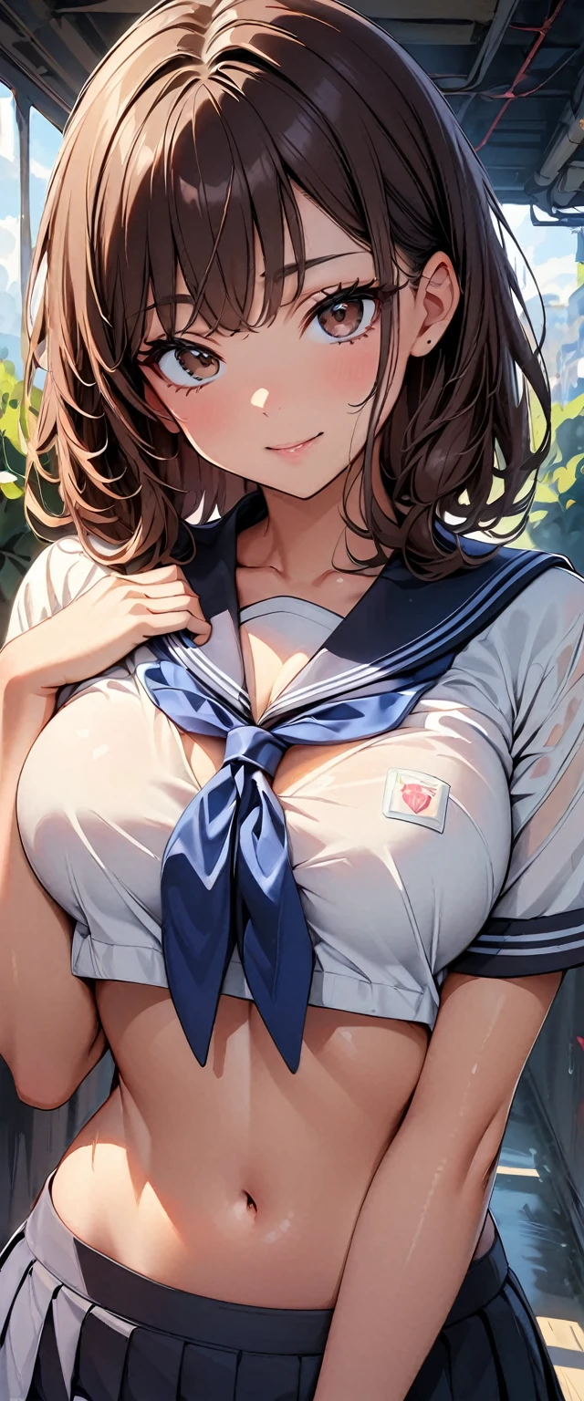 (best quality), (Super detailed), (Best Illustration), (detailed eyes), (nsfw), (1girl), look at viewer, white serafuku, (show off nipples:1.2), (show off breasts:1.3), curvy body, blush, brown hair, (bob cut), curly hair, hairs between eyes, twinkle(in the eyes), blue eyes, (school:1.3),