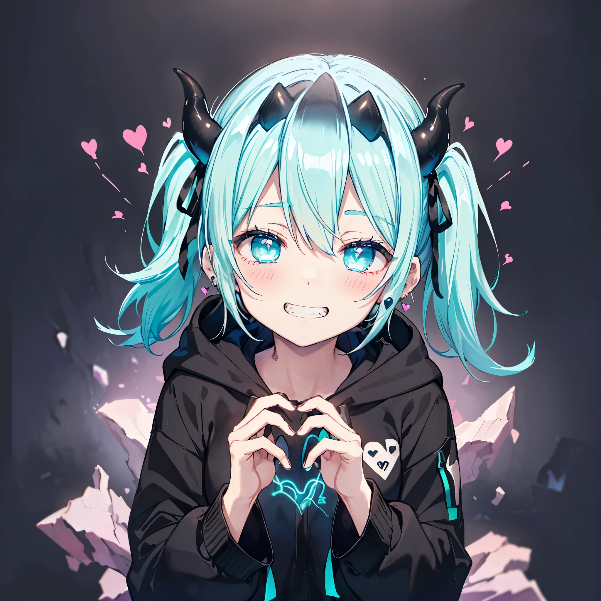 ((((jagged、Open your mouth、Grin　background、shining heart　Making a Heart　front))))　(((Black hoodie、Wearing a hood　Devil horns　Twin tails、Neon Blue　Neon Blueの目、Wink)))　((Shiny Earrings　Small black ribbon))　Shining Edges　輝くbackground