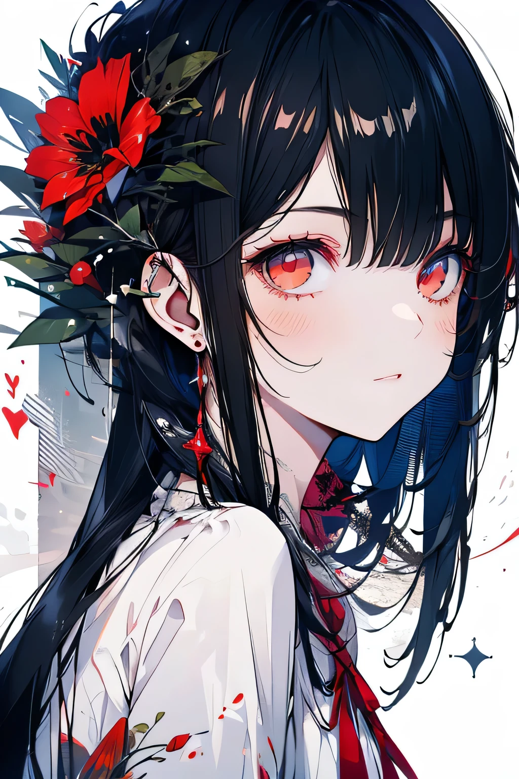 A beautiful girl with black hair and red eyes with a dark smile, long hair