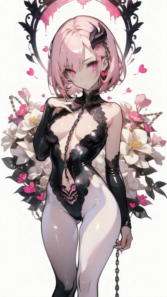 ((masterpiece, best quality)), Delicate face，Succubus，Standing picture，whole body，Perfect body proportions，Long legs，Handsome short hair，Nice pink eyes，Fantasy style，White background，Extremely beautiful，transparent，Transparent_比基尼，chain，Tattoo，Lace，Heart-shaped decoration，Dewy holes，White nipples