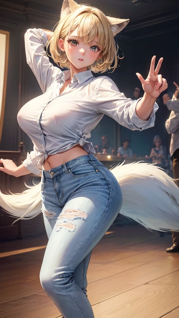 (masterpiece, highest quality, ultra high res, ultra detailed:1.3), 1 cute girl, ideal ratio body proportions, blonde short hair, white shirt, brown jacket, blue denim pants, (dancing with wolves:1.2), (dancing wolves:1.4), wilderness,