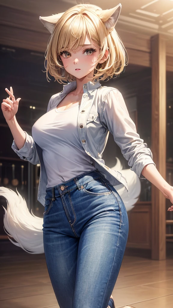 (masterpiece, highest quality, ultra high res, ultra detailed:1.3), 1 cute girl, ideal ratio body proportions, blonde short hair, white shirt, brown jacket, blue denim pants, (dancing with wolves:1.2), (dancing wolves:1.4), wilderness,