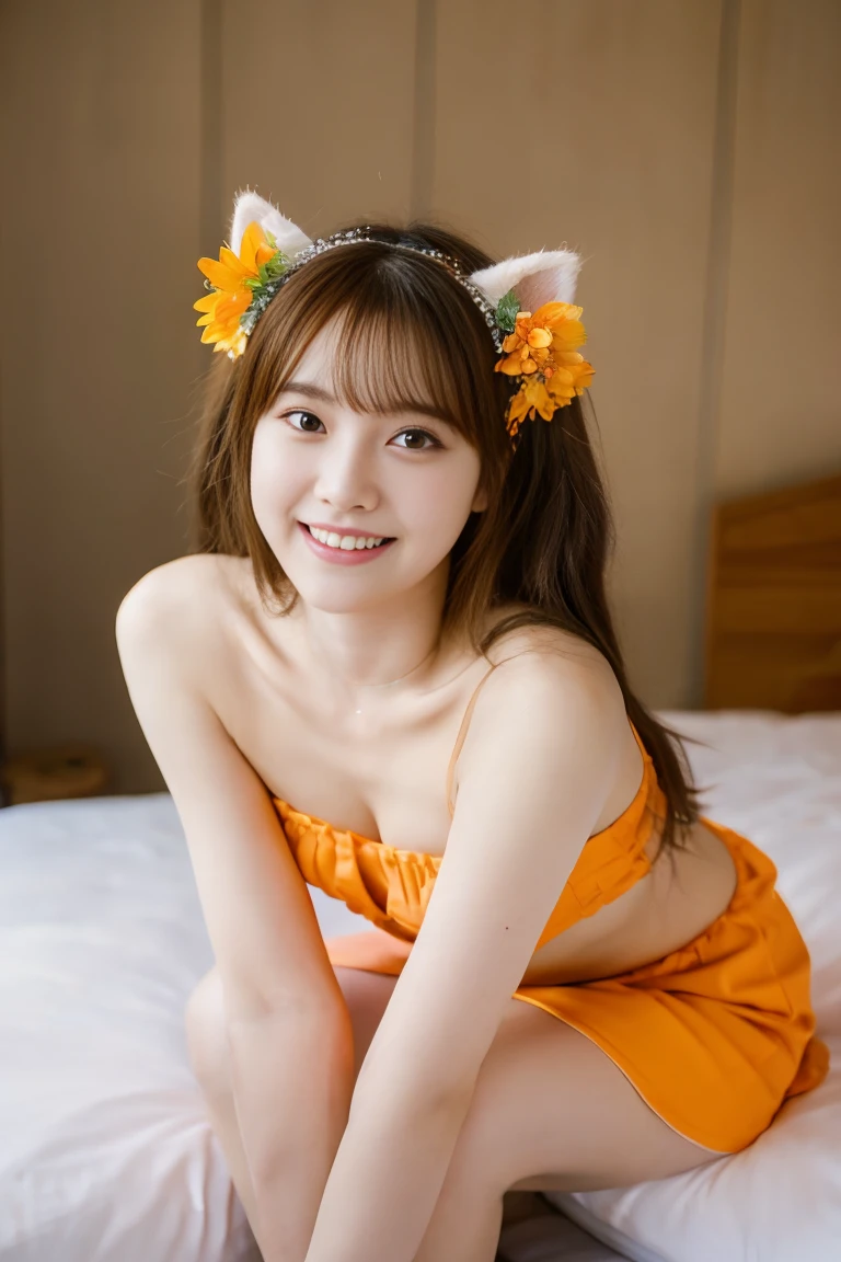 masterpiece, best quality, very detailed, 1명의 girl, alone, (:3:0.9), cat earss fluff, orange hair, fluffy hair, blush, brown eyes, flower, cat ears, intensely beautiful,full body image,girl, gradient, gradient background, 머리flower, headdress, looking at viewer, 신사 girl, laugh, alone, beautiful lighting, full body nudist, hairy, , squat, open your legs,