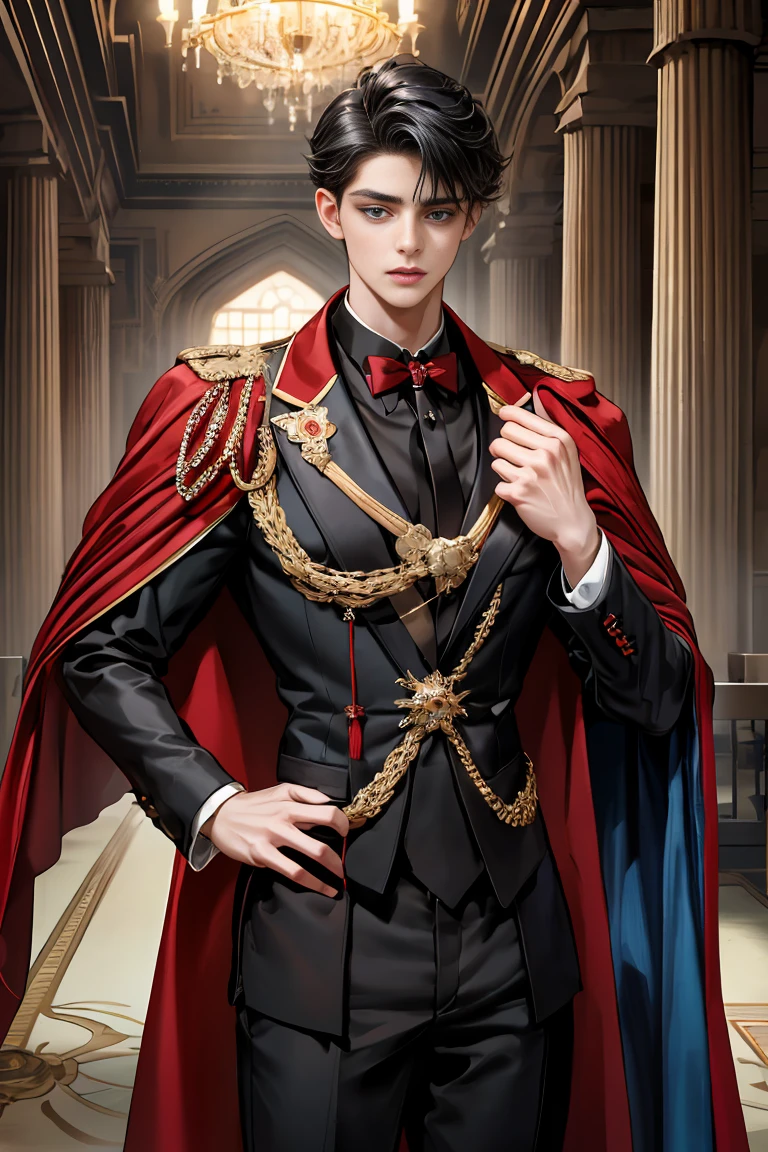 
masterpiece, 最high quality, high quality, 1 boy, alone, Male focus, Watching the audience,  Messy black hair, Adorable big blue eyes, White people, Noble, Noble,Sexy voluminous black and red cape、Tuxedo、A very voluminous, large, very large, very large, long, long red and black cape with a high stand-up collar, reaching down to the floor, made of a lot of fabric., ,Cute beautiful boys,Cute, cute, kind, handsome guy