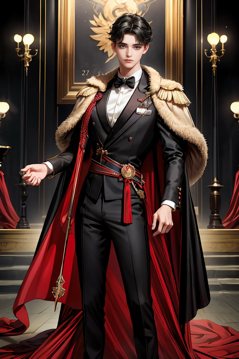 
masterpiece, 最high quality, high quality, 1 boy, alone, Male focus, Watching the audience,  Messy black hair, Adorable big blue eyes, White people, Noble, Noble,Sexy voluminous black and red cape、Tuxedo、A very voluminous, large, very large, very large, long, long red and black cape with a high stand-up collar, reaching down to the floor, made of a lot of fabric., ,Cute beautiful boys,Cute, cute, kind, handsome guy