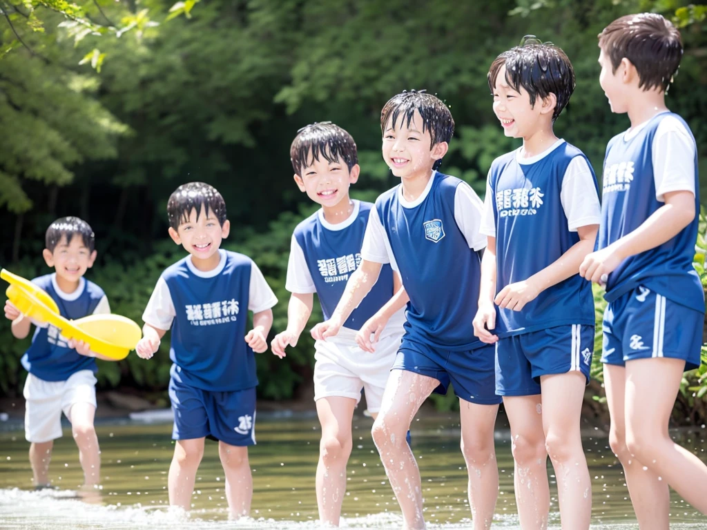 In the forest、 in the countryside、Swimming in the river、Bathing in water、水でGet wet all over、Cute eletary  boy、Boy in gym clothes、The bottom of the white T-shirt is blue、Blue shorts、The boys are playing、Get wet all over、The laughter of boys can be heard from afar、Splashing Water、Japanese、（Boy 1.4）、high resolution、Highest quality