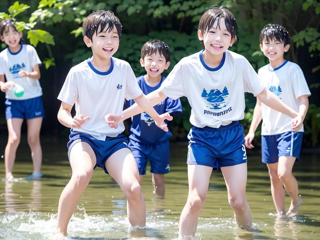 In the forest、 in the countryside、Swimming in the river、Bathing in water、水でGet wet all over、Cute eletary  boy、Boy in gym clothes、The bottom of the white T-shirt is blue、Blue shorts、The boys are playing、Get wet all over、The laughter of boys can be heard from afar、Splashing Water、Japanese、（Boy 1.4）、high resolution、Highest quality