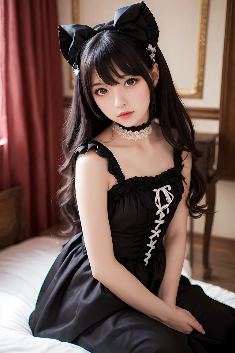 (masterpiece:1.2), Highest quality,Pixiv,Fairytale girl, 1 female, Black Hair, Iris, Black Dress, ta Fashion, Black Theme