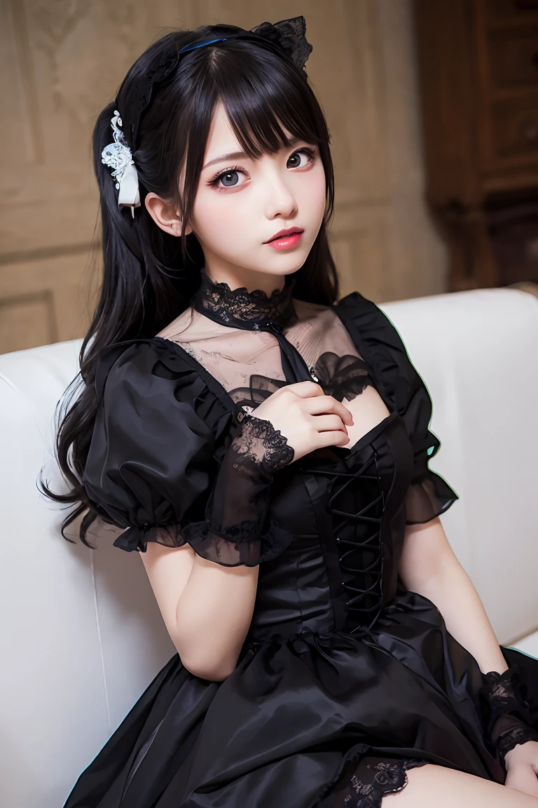 raw photo, 8k, (top-quality), Realistic, (real picture, Intricate details), (natural skin texture, detailed skin, hyper realism, sharpness), (Japanese teenage girl sitting on bed in a hotel at night, folding arms), ((maid costume with black and white, lolita fashion, gothic fashion), (((flat chast:1.5))), (slender body, pale skin:1.2), ((pig tail hairstyle, blunt bangs)), (provocative look, Parted lips:1.3, eye shadow, eyeliner, tear bag:1.3, red lips), night time, spot lighting:1.3