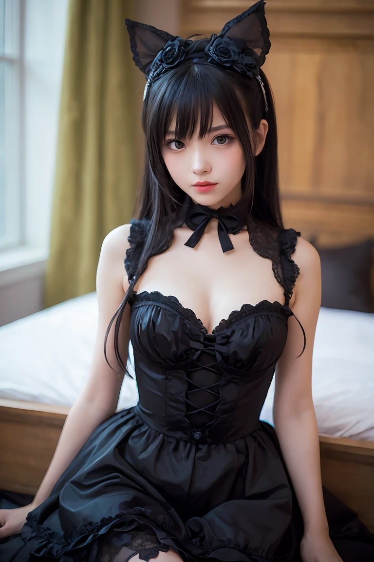 (masterpiece:1.2), Highest quality,Pixiv,Fairytale girl, 1 female, Black Hair, Iris, Black Dress, ta Fashion, Black Theme