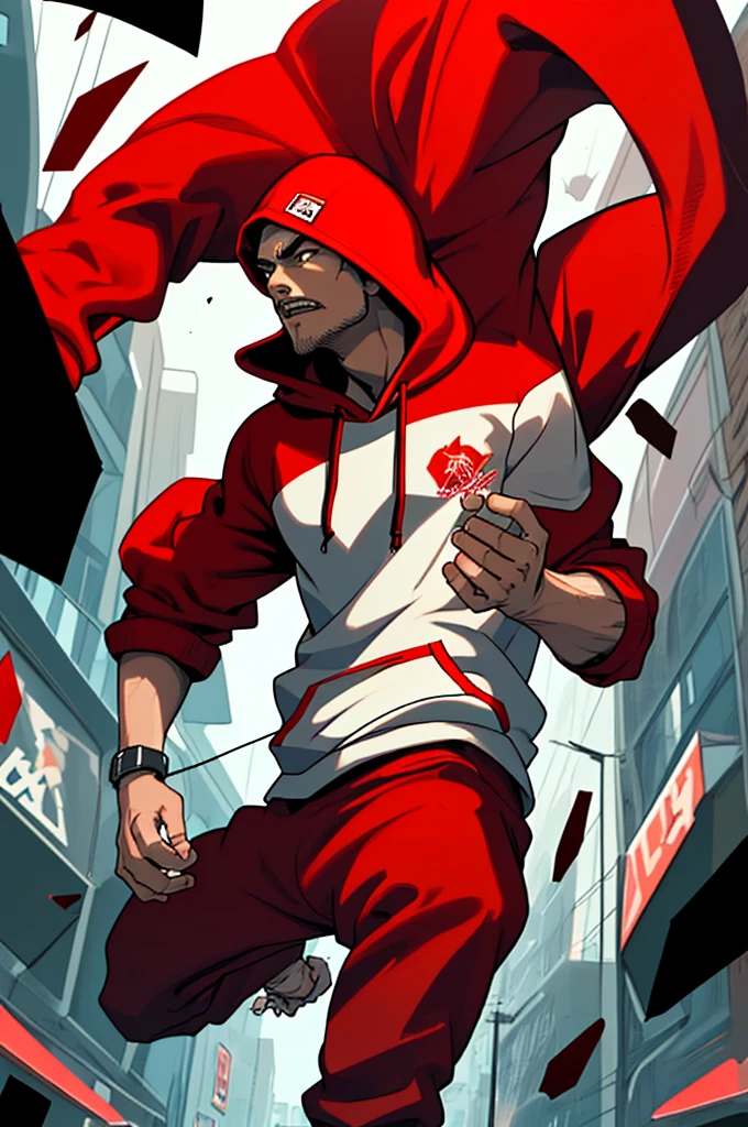 A man in a red hoodie does somersaults and kicks enemies.