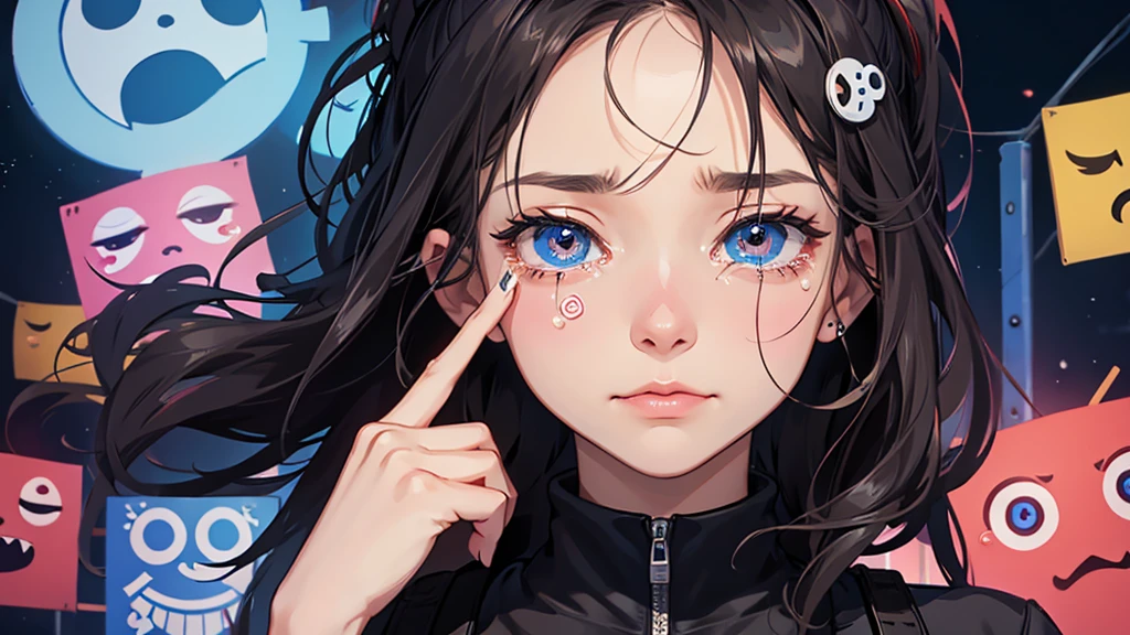 Create an image of series of crying eyes symbols, surrounded by plus signs representing the desire for more.