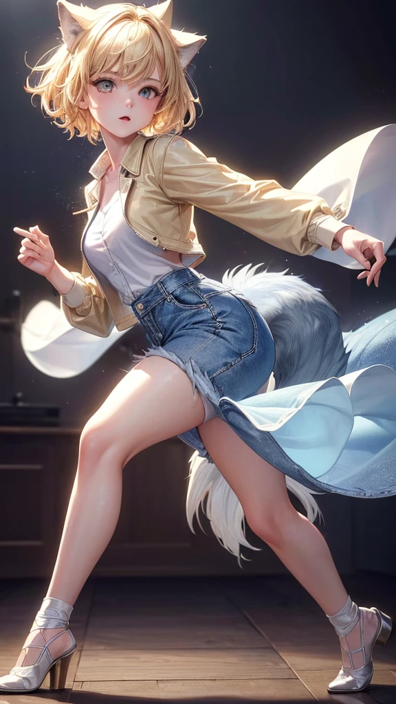 (masterpiece, highest quality:1.3), 1 cute girl, ideal ratio body proportions, blonde short hair, black frilled mini skirt, puffy shoulders, bare arms, magic wand, (white cotton panties, 1 strange small animals:1.4), dynamic pose, armpit, cameltoe,