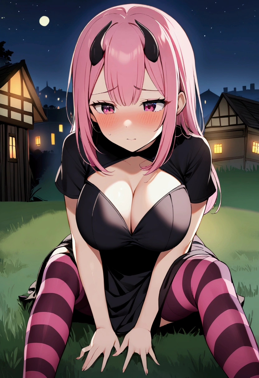 1girl with long pink hair, violet red eyes, two small horns on head, short black dress, big breasts, striped stockings, shy face, village on background, sit on grass, fear, night time