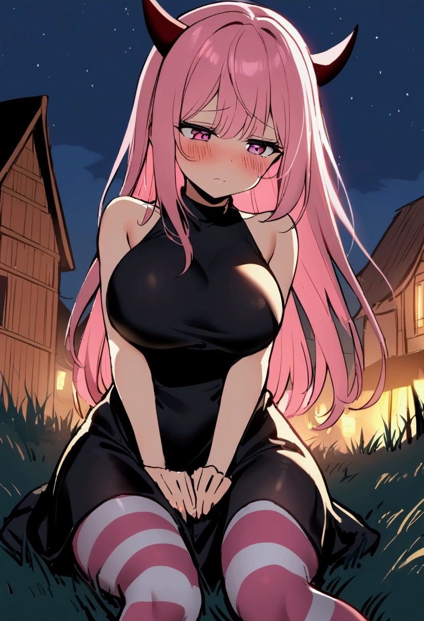 1girl with long pink hair, violet red eyes, two small horns on head, short black dress, big breasts, striped stockings, shy face, village on background, sit on grass, fear, night time