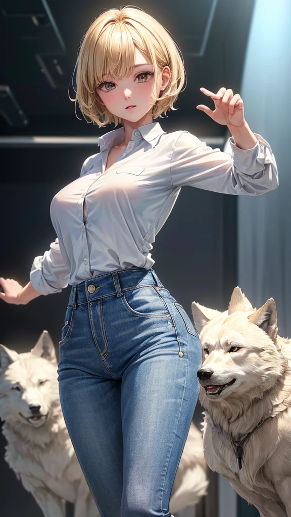 (masterpiece, highest quality, ultra high res, ultra detailed:1.3), 1 cute girl, ideal ratio body proportions, blonde short hair, white shirt, brown jacket, blue denim pants, (dancing with wolves:1.2), (dancing wolves:1.4), wilderness, 