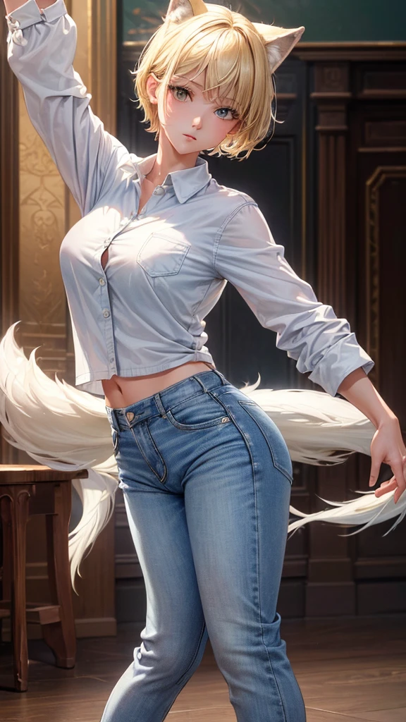 (masterpiece, highest quality, ultra high res, ultra detailed:1.3), 1 cute girl, ideal ratio body proportions, blonde short hair, white shirt, brown jacket, blue denim pants, (dancing with wolves:1.2), (dancing wolves:1.4), wilderness,