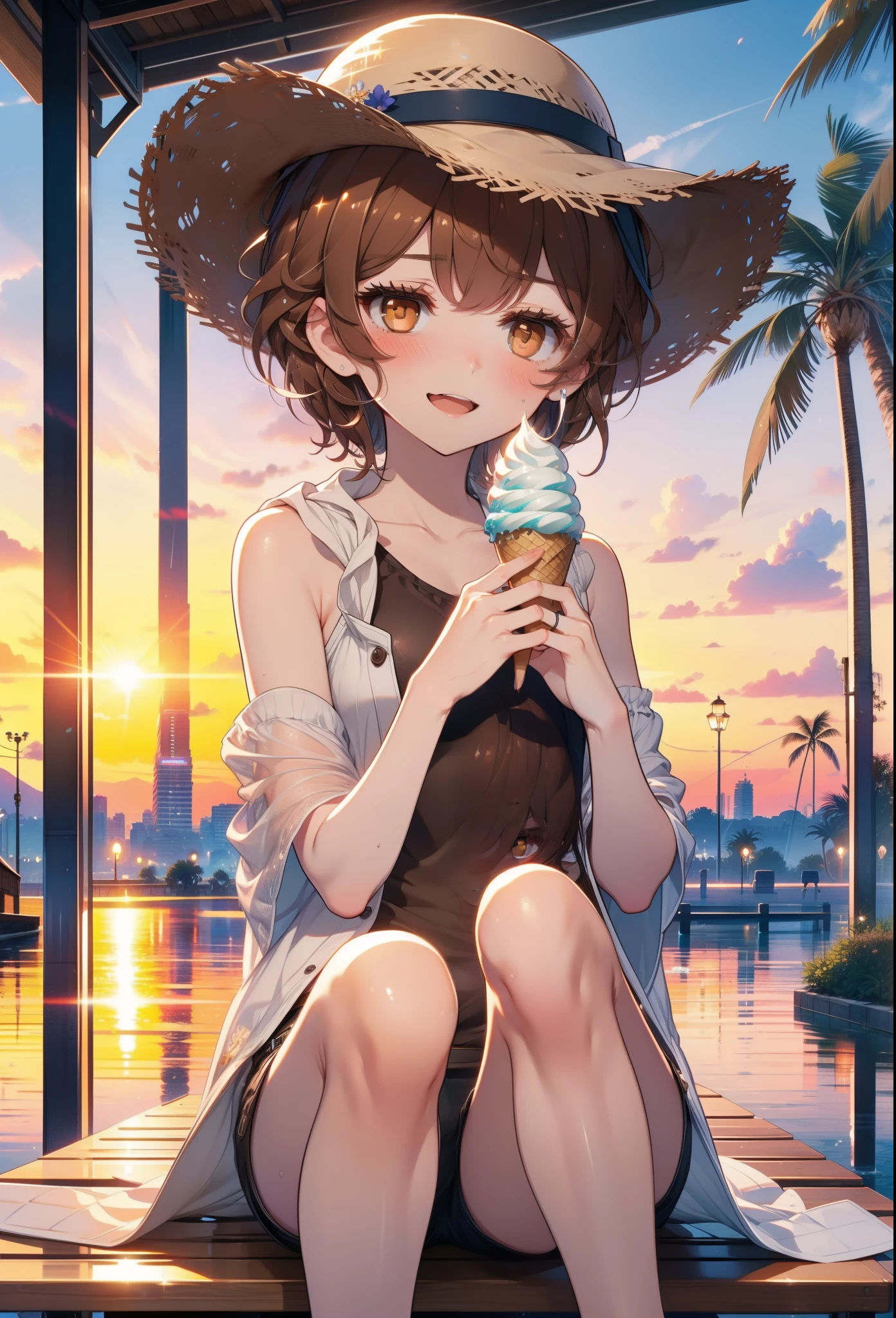 Lililukarde, Liliruka gets burned, , (Brown eyes:1.7), Brown Hair, (Flat Chest:1.2), smile,blush,Open your mouth,Straw hat,short hair,Brown tank top,Shorts,Holding ice cream in both hands,Heeled Sandals,Sitting on a bench,sunset,evening,The sun is setting,whole bodyがイラストに入るように,
break looking at viewer,whole body, 
break outdoors, Building district,Palm tree,Tropical,
break (masterpiece:1.2), Highest quality, High resolution, unity 8k wallpaper, (figure:0.8), (Beautiful attention to detail:1.6), Highly detailed face, Perfect lighting, Highly detailed CG, (Perfect hands, Perfect Anatomy),