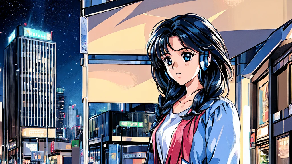 ((masterpiece)),(((Highest quality))),((Super detailed)) Realistically, 1 Girl, beautiful, Wearing headphones, One person　 night景を見てる, city, Starry Sky, building, night.　Long Black Hair　The wind is blowing